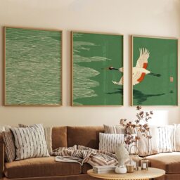 Japanese Crane Wall Art Poster Set - Green Minimalist Bird Prints Oriental Nature Decor - thumbnail 2