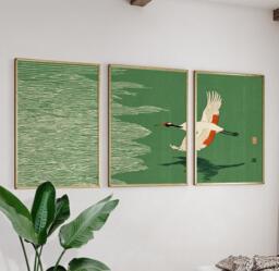 Japanese Crane Wall Art Poster Set - Green Minimalist Bird Prints Oriental Nature Decor - thumbnail 1