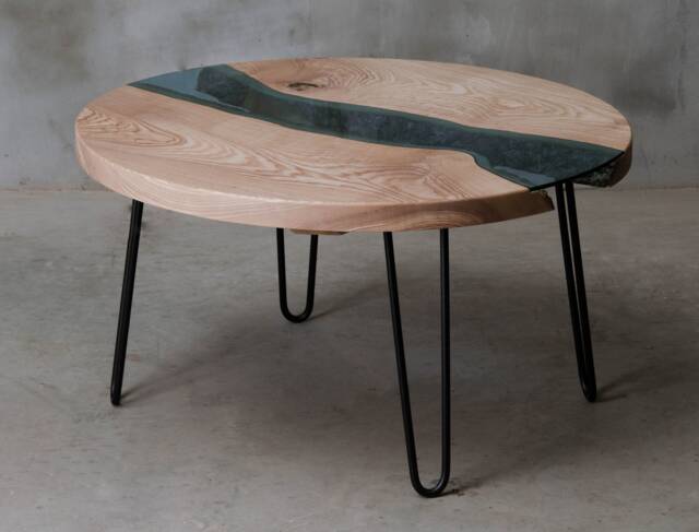 Custom River Table, Round Coffee Table Made Of Ash, Wooden Live Edge With Hairpin Legs, Unique First Home Gift, Industrial - image 1