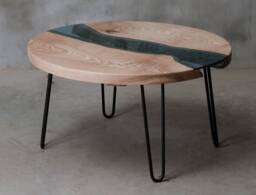 Custom River Table, Round Coffee Table Made Of Ash, Wooden Live Edge With Hairpin Legs, Unique First Home Gift, Industrial