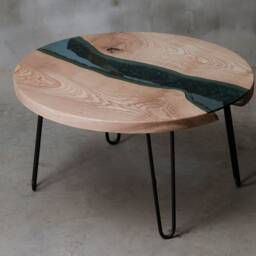 Custom River Table, Round Coffee Table Made Of Ash, Wooden Live Edge With Hairpin Legs, Unique First Home Gift, Industrial - thumbnail 2