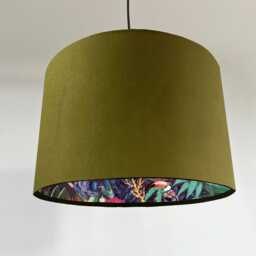 Olive Green Velvet Wonderland Drum Lampshade, Double Sided Lampshade With Paper On Interior, Ceiling Light Shade - thumbnail 2