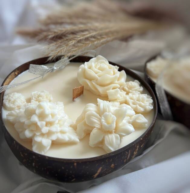Coconut Shell Candle Natural Soy Wax With Floral Accents - image 1