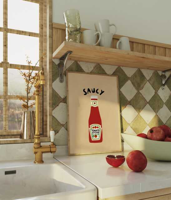 Saucy Unframed Print - Kitchen Poster Funny Tomato Ketchup Wall Decor Pun Art Fun Gift Lover - image 1
