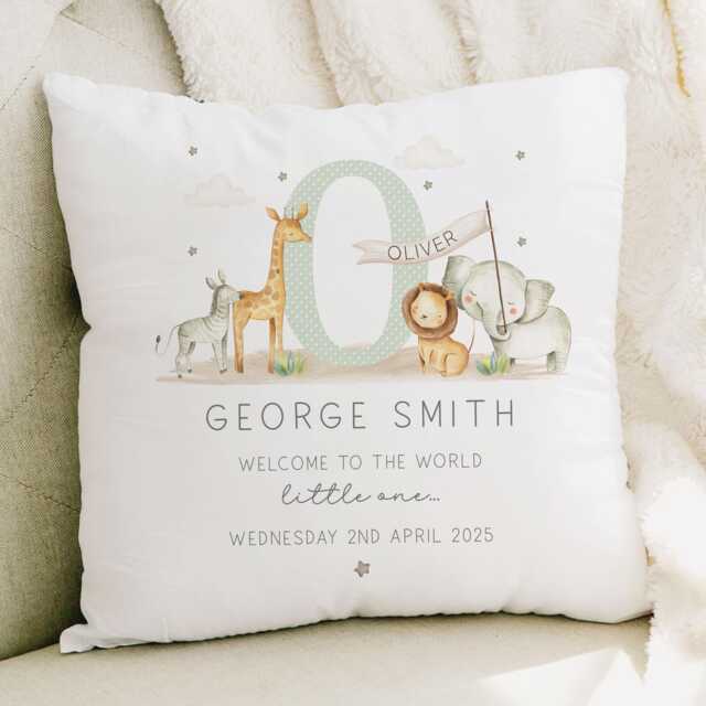 Personalised New Baby Cushion, Boy Gift, Welcome Safari Nursery Decor, Pillow, Animals - image 1