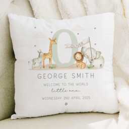 Personalised New Baby Cushion, Boy Gift, Welcome Safari Nursery Decor, Pillow, Animals - thumbnail 1