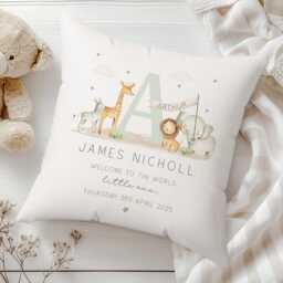 Personalised New Baby Cushion, Boy Gift, Welcome Safari Nursery Decor, Pillow, Animals - thumbnail 2