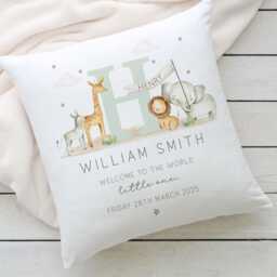 Personalised New Baby Cushion, Boy Gift, Welcome Safari Nursery Decor, Pillow, Animals - thumbnail 3
