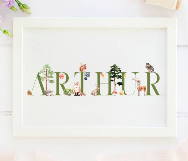 Personalised New Baby Gift, Woodland Animals, Name Print, Themed Nursery, Print For Girl - image 1