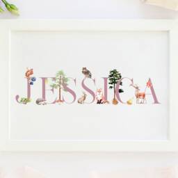 Personalised New Baby Gift, Woodland Animals, Name Print, Themed Nursery, Print For Girl - thumbnail 2