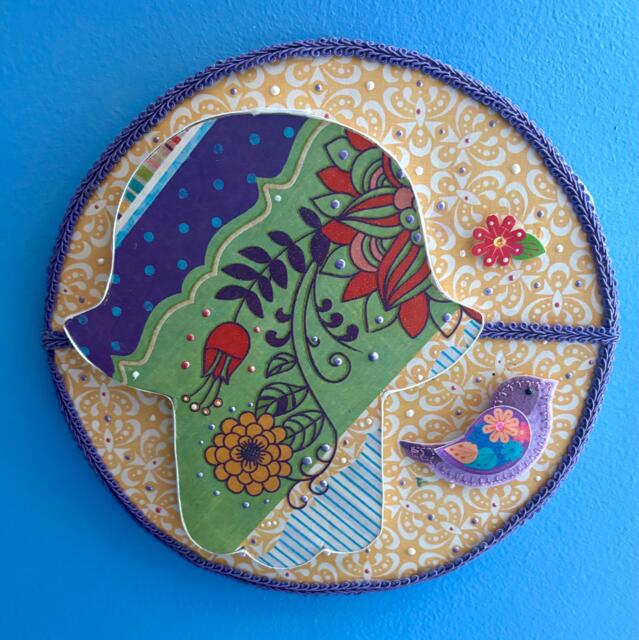 Handmade Hamsa Wall Art - Boho Mixed Media Spiritual Protection Decor With Bird, Flowers - image 1