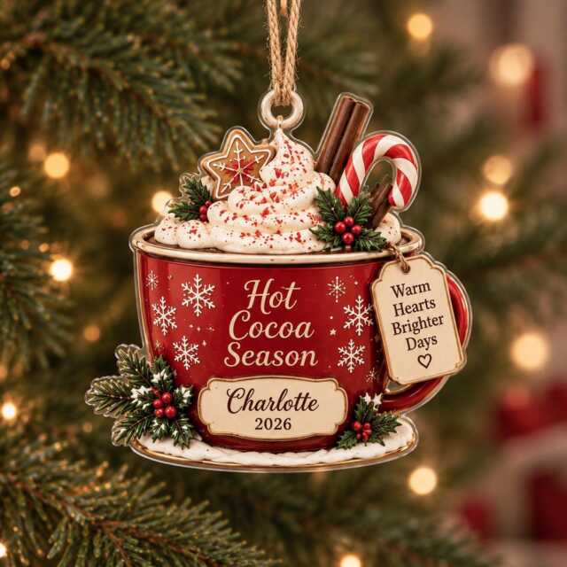 Personalized Hot Cocoa Acrylic Ornament, Custom Name Cozy Winter Mug Wood Christmas Chirstmas Gift Decor - image 1