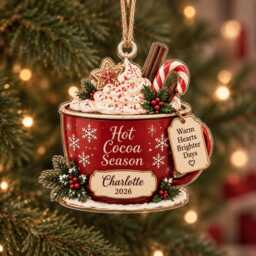 Personalized Hot Cocoa Acrylic Ornament, Custom Name Cozy Winter Mug Wood Christmas Chirstmas Gift Decor