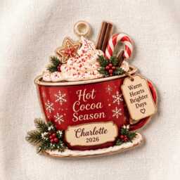 Personalized Hot Cocoa Acrylic Ornament, Custom Name Cozy Winter Mug Wood Christmas Chirstmas Gift Decor - thumbnail 2