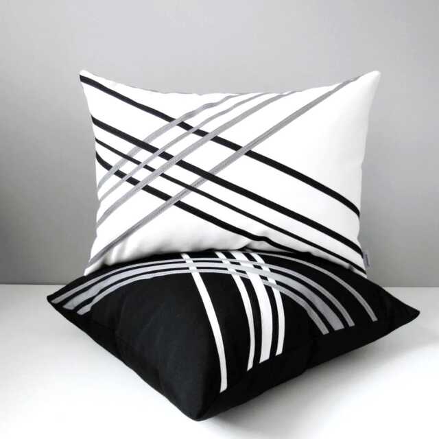 Modern Sunbrella Pillow Cover With Black & Gray Geometric Detail, Decorative Cushions By Mazizmuse - image 1