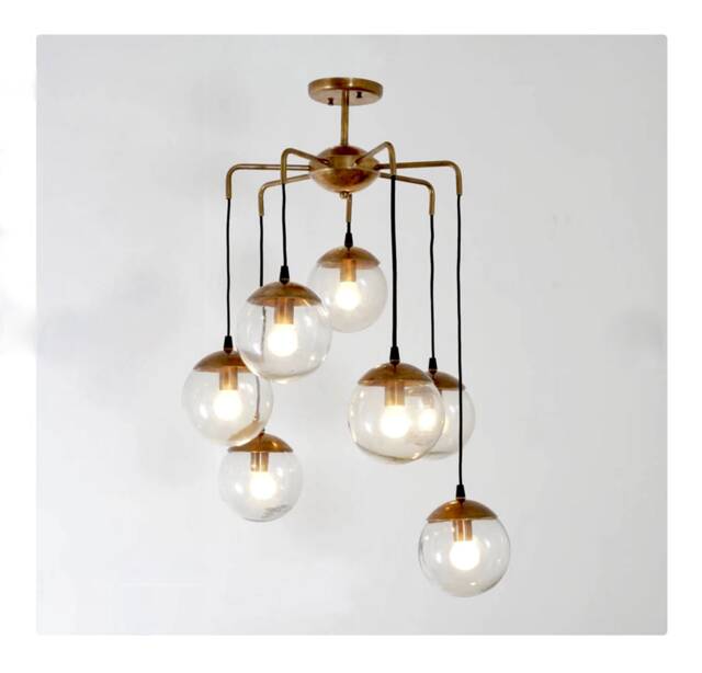 "Mid Century Globe Cascading Bubbles Chandelier , Modern Statement Brass & Glass Globes Ceiling Light " - image 1