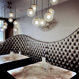 "Mid Century Globe Cascading Bubbles Chandelier , Modern Statement Brass & Glass Globes Ceiling Light " - thumbnail 2