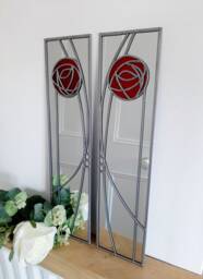 Rennie Mackintosh Style Opposite Pair Rose 2 Stained Glass Effect Mirror Handmade Gift Catfish Glass Art Nouveau 10x40cm - thumbnail 1