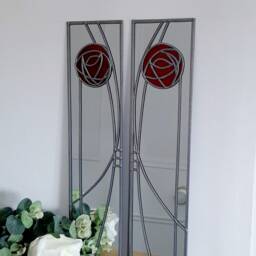 Rennie Mackintosh Style Opposite Pair Rose 2 Stained Glass Effect Mirror Handmade Gift Catfish Glass Art Nouveau 10x40cm - thumbnail 2