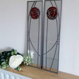 Rennie Mackintosh Style Opposite Pair Rose 2 Stained Glass Effect Mirror Handmade Gift Catfish Glass Art Nouveau 10x40cm - thumbnail 3