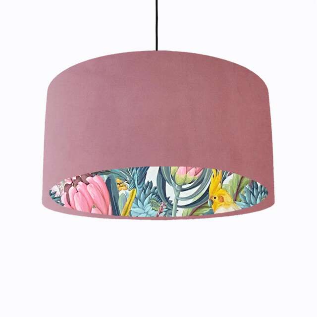Light Pink Velvet Lampshade With Blush Parrot Lining, Large Ceiling Lightshade - image 1