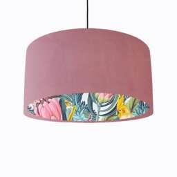 Light Pink Velvet Lampshade With Blush Parrot Lining, Large Ceiling Lightshade