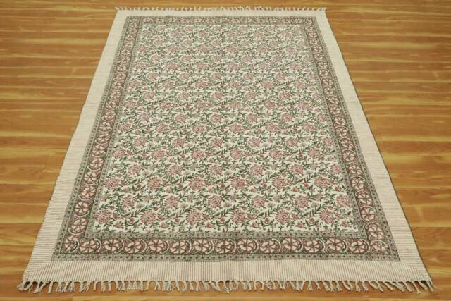 Handmade Block Printed Cotton Rug Green Floral Kilim, Flatweave - image 1
