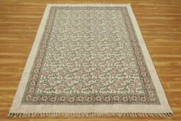 Handmade Block Printed Cotton Rug Green Floral Kilim, Flatweave - thumbnail 1