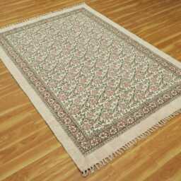 Handmade Block Printed Cotton Rug Green Floral Kilim, Flatweave - thumbnail 3