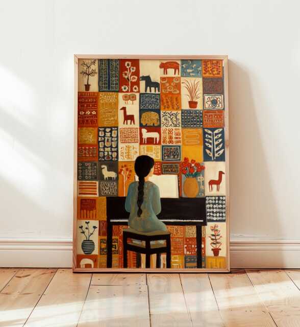 Bohemian Wall Art, Folk Style Poster, Woman At Piano Print, Colorful Abstract Decor, Modern Boho Artwork, Mid Century Inspired Design - image 1