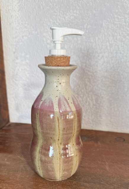 Handmade Pottery Soap Dispenser Pump Tan & White Design - image 1