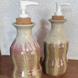 Handmade Pottery Soap Dispenser Pump Tan & White Design - thumbnail 2