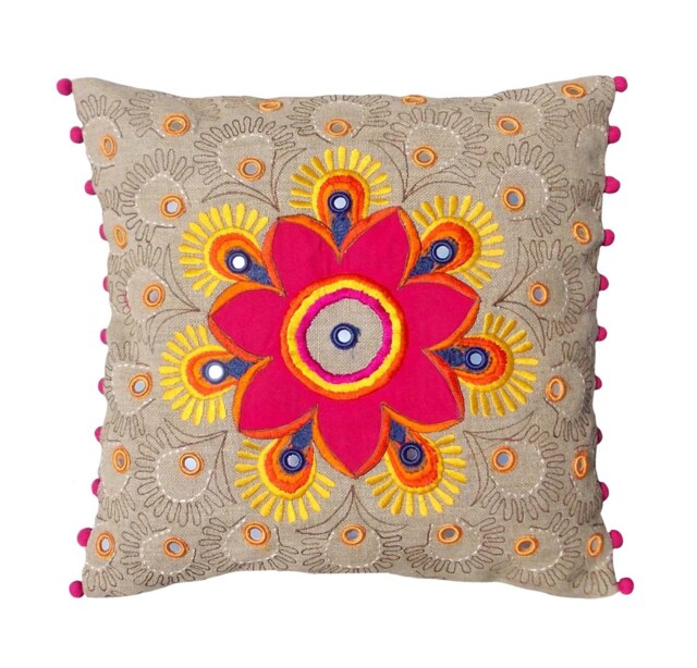 "Embroidered Linen Pillow Cover, Bohemian Floral Design, Indian Craft - 16""x16" - image 1