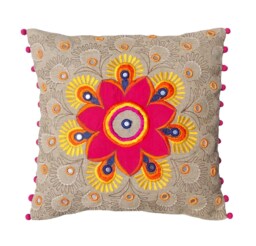 "Embroidered Linen Pillow Cover, Bohemian Floral Design, Indian Craft - 16""x16" - thumbnail 1