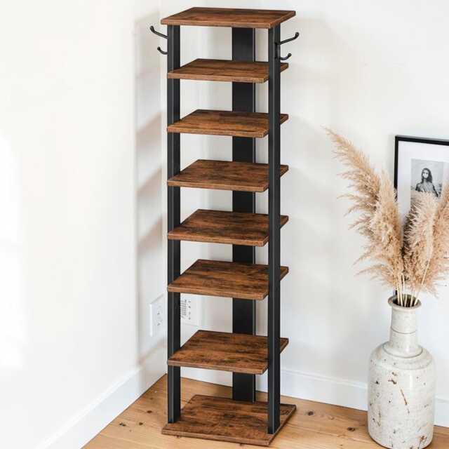 Tall Wooden Shoe Rack 8-Tier Slim Entryway Storage With Hooks - image 1