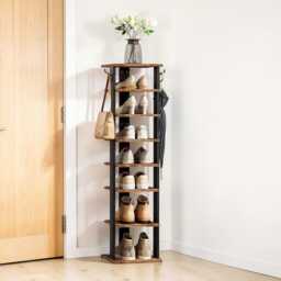Tall Wooden Shoe Rack 8-Tier Slim Entryway Storage With Hooks - thumbnail 2