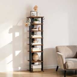 Tall Wooden Shoe Rack 8-Tier Slim Entryway Storage With Hooks - thumbnail 3