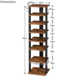 Tall Wooden Shoe Rack 8-Tier Slim Entryway Storage With Hooks - thumbnail 4