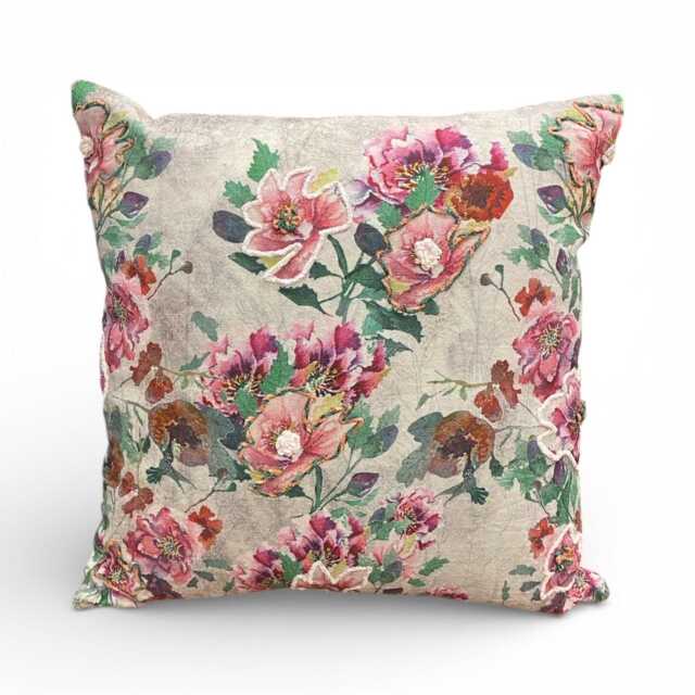 New Climbing Rose Embroidered Cushion, Reds & Greens - image 1