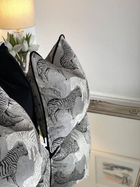 Handmade Zebra Print Cushion Cover, Black Velvet Piping - image 1