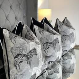 Handmade Zebra Print Cushion Cover, Black Velvet Piping - thumbnail 2