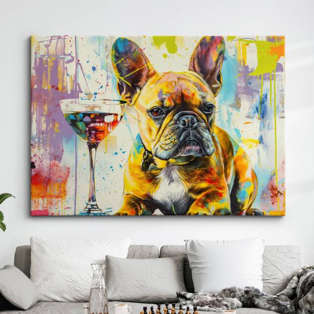 French Bulldog Martini Glass Painting Framed Poster Print & Canvas Wall Decor Art Bar Kitchen Room Dog Gift Idea Pet - image 1