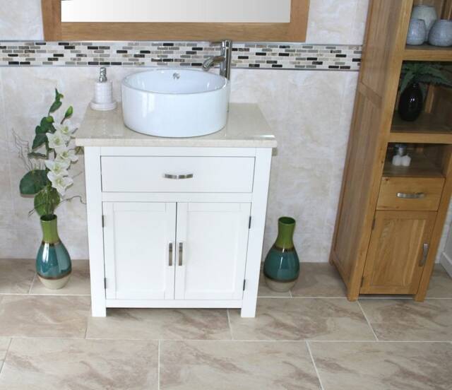 Bathroom Off White Painted Vanity Unit - With Cream Marble Top & Ceramic Basin Choice 502Pcmcbc - image 1