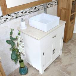 Bathroom Off White Painted Vanity Unit - With Cream Marble Top & Ceramic Basin Choice 502Pcmcbc - thumbnail 3