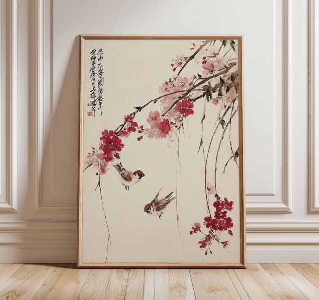 Cherry Blossom Wall Art, Japanese Bird Poster, Asian Style Print, Oriental Nature Artwork, Zen Home Decor, Traditional Floral Art - image 1