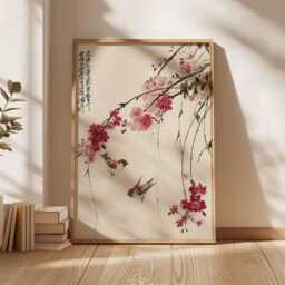 Cherry Blossom Wall Art, Japanese Bird Poster, Asian Style Print, Oriental Nature Artwork, Zen Home Decor, Traditional Floral Art - thumbnail 2
