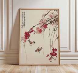 Cherry Blossom Wall Art, Japanese Bird Poster, Asian Style Print, Oriental Nature Artwork, Zen Home Decor, Traditional Floral Art - thumbnail 1