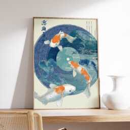 Koi Fish Circle Print, Retro Japanese Wall Art, Vintage Asian Poster, Mid Century Zen Decor, Blue Water Art - thumbnail 2