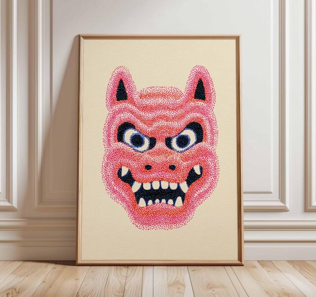 Japanese Oni Mask Pop Art Print - Bold Red Demon Wall Poster Modern Graphic Decor Asian Mythology Artwork Striking Statement - image 1