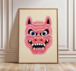 Japanese Oni Mask Pop Art Print - Bold Red Demon Wall Poster Modern Graphic Decor Asian Mythology Artwork Striking Statement - thumbnail 1